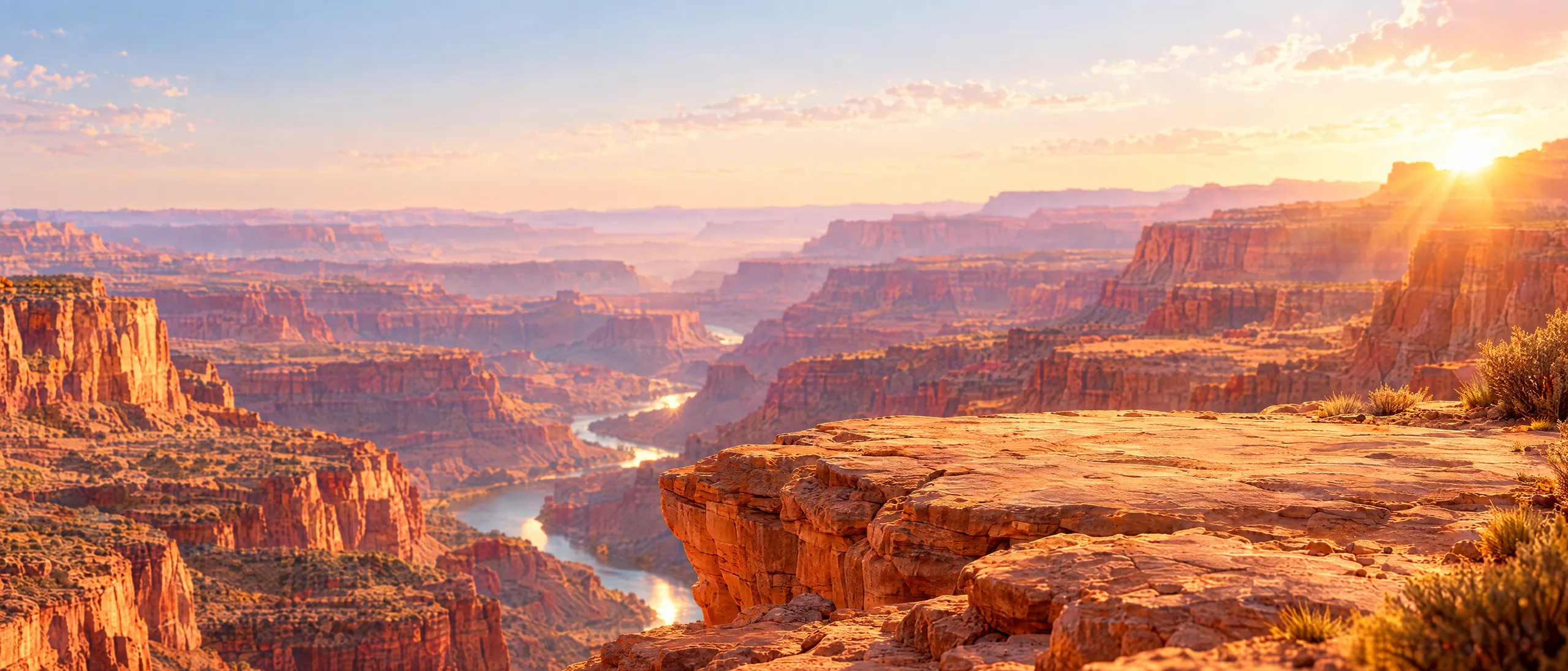 Golden-hour canyon with a sandstone ledge above a winding river