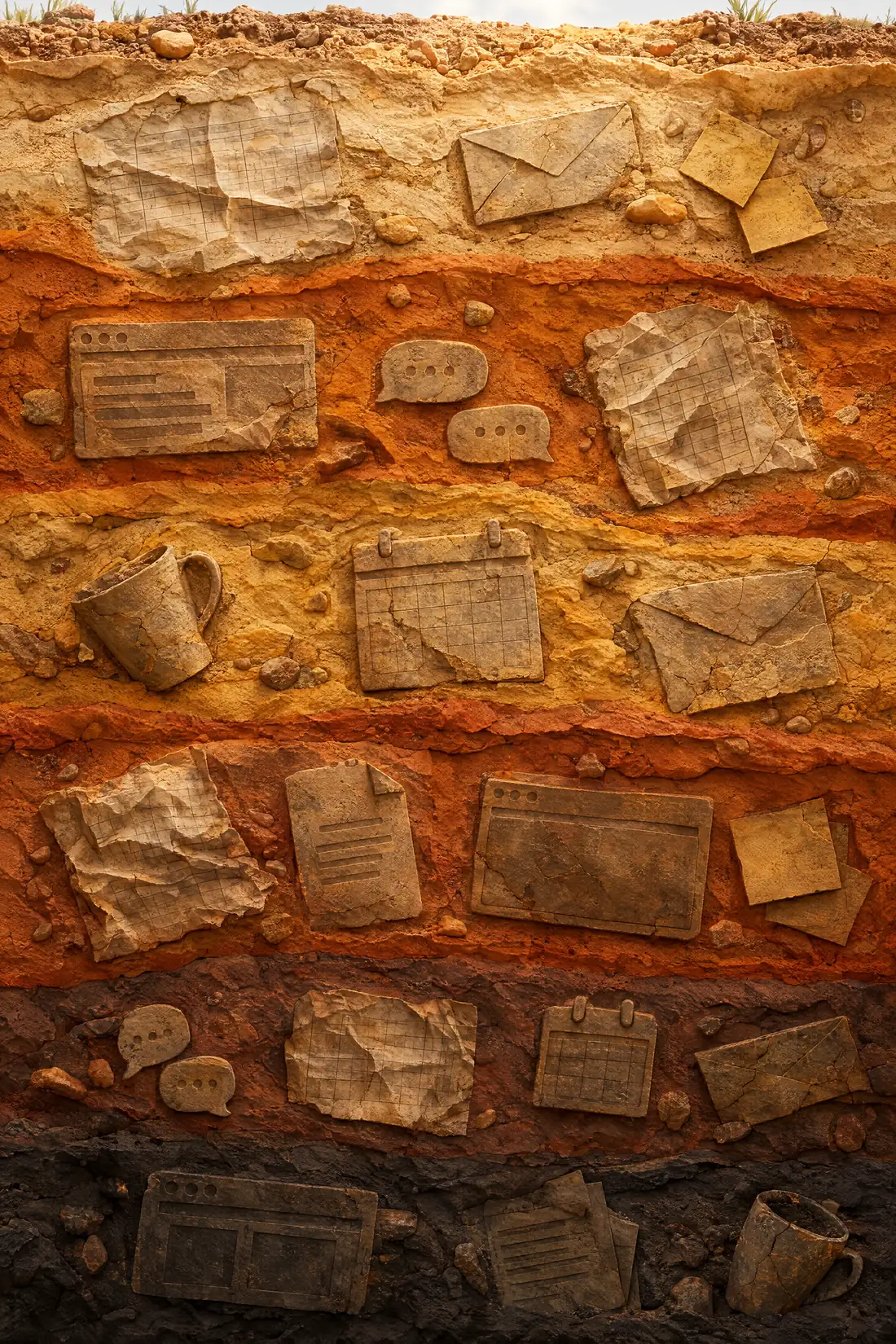 Cutaway of layered earth with fossilised spreadsheets, emails, calendars and chat bubbles buried in the rock